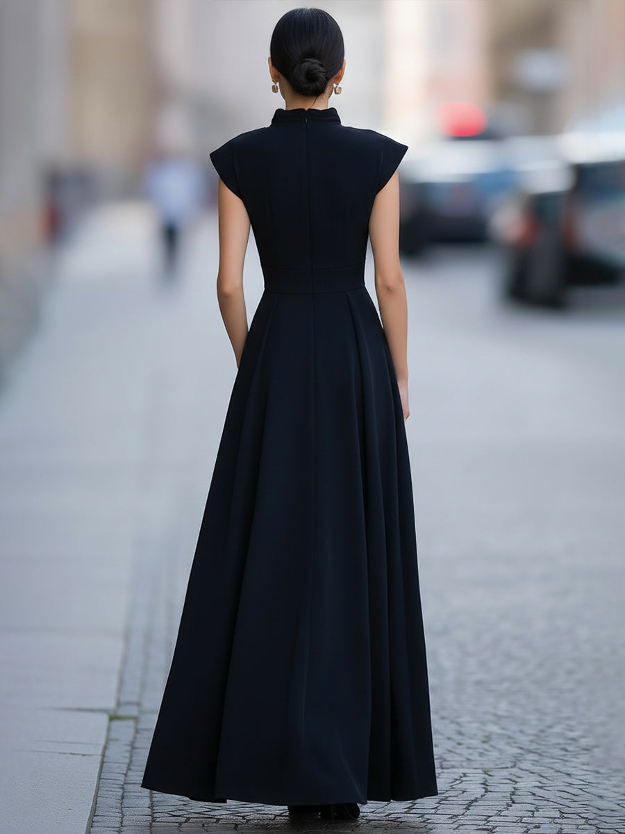 American Mart Navy Blue Cap Sleeve Draped Neck Flared Maxi Dress