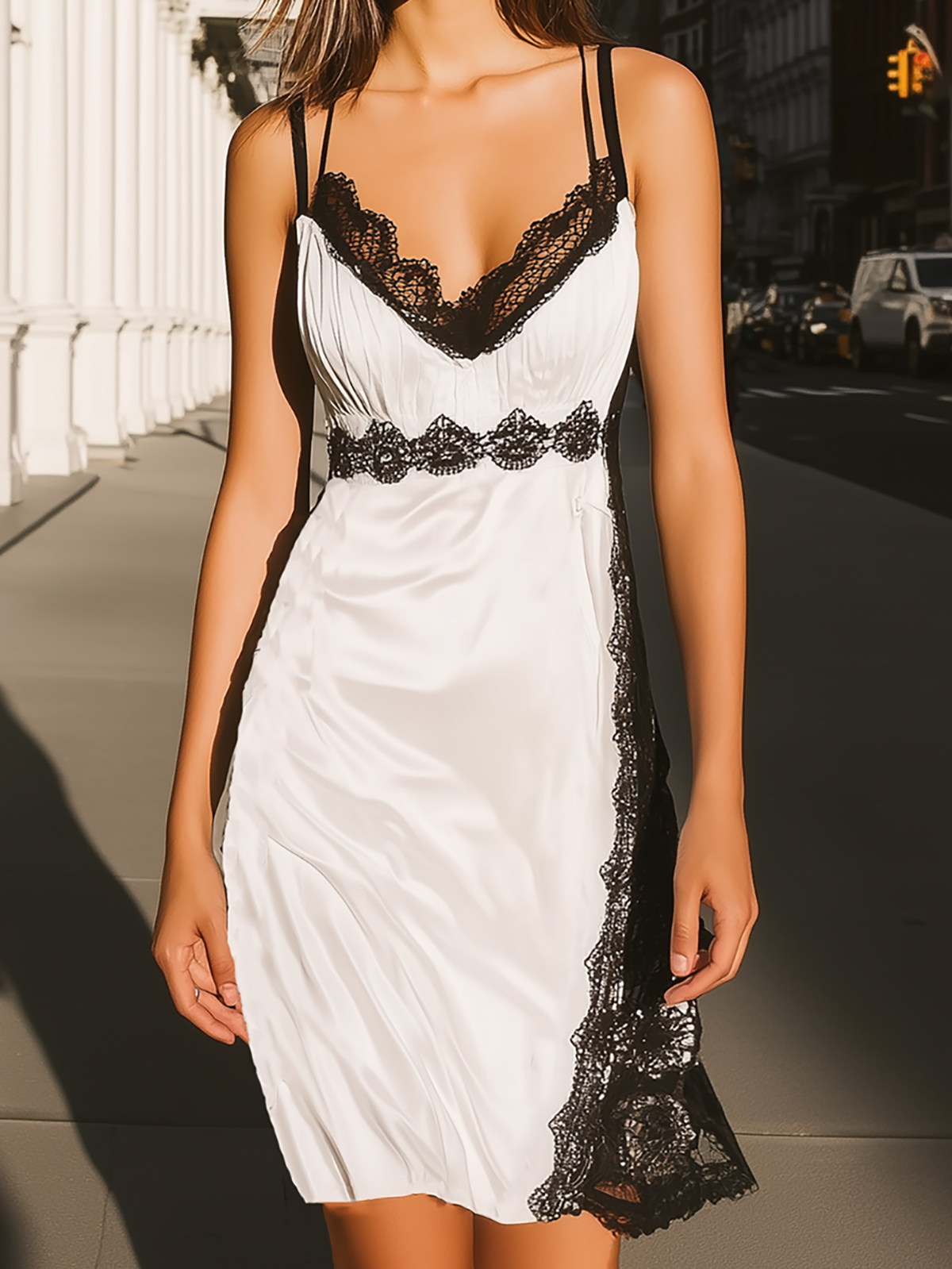 American Mart White Black Lace Trim V-Neck Satin Slip Mini Dress