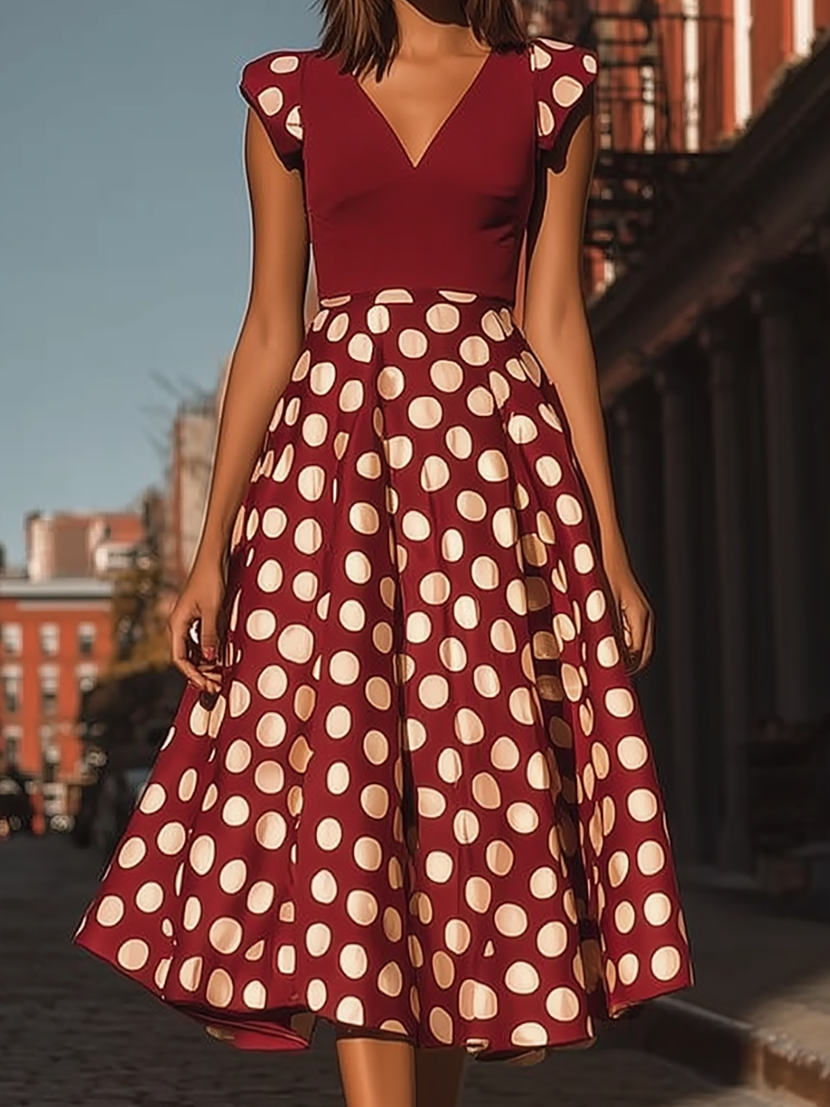 American Mart Wine Red Polka Dot Cap Sleeve A-Line Midi Dress