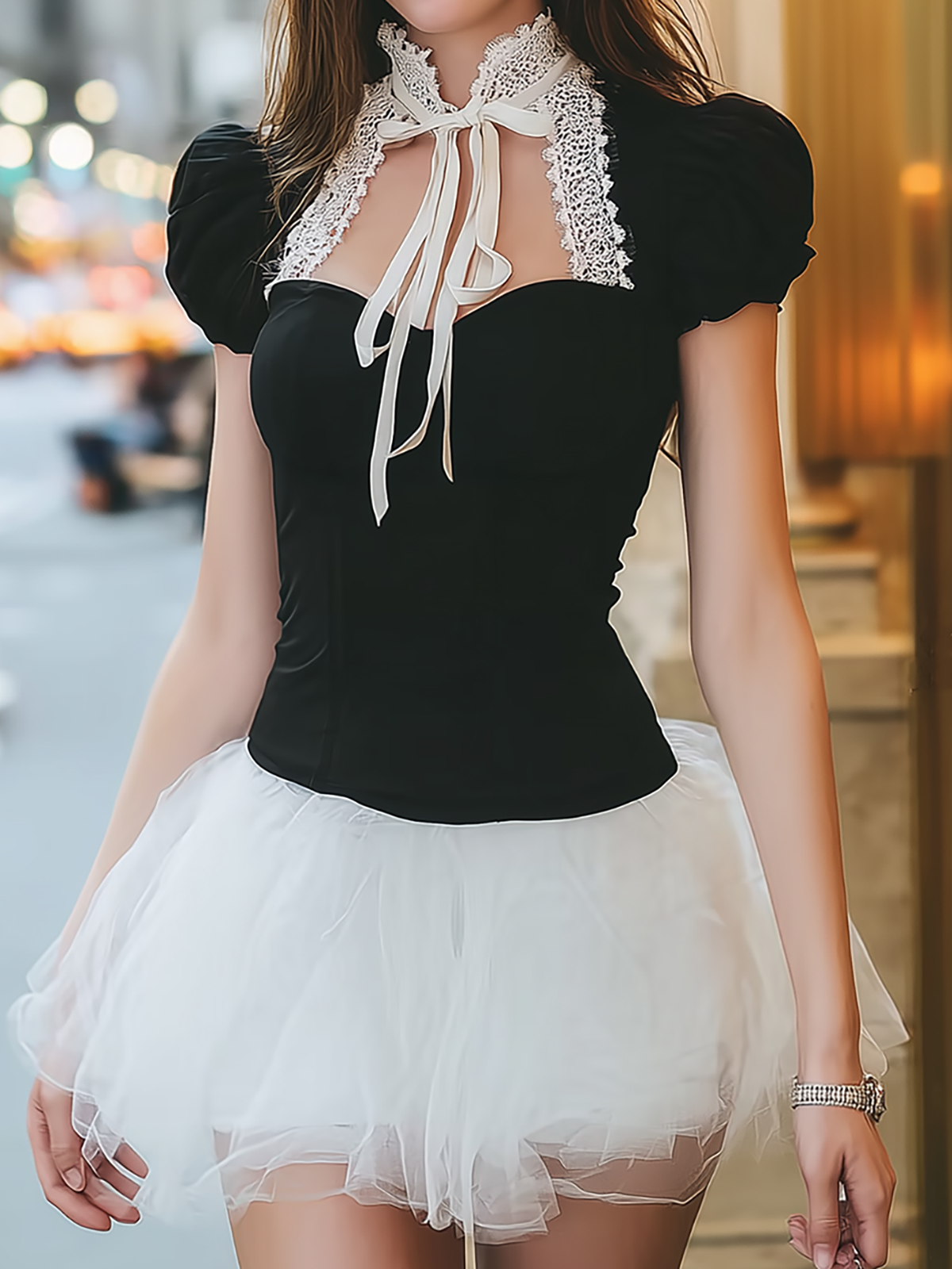 American Mart Black Lace Collar Tie Puff Sleeve Tulle Mini Dress
