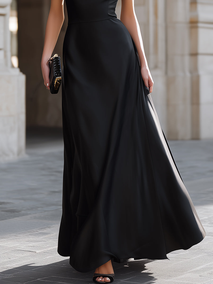 American Mart Black Draped High Neck One Shoulder Maxi Dress