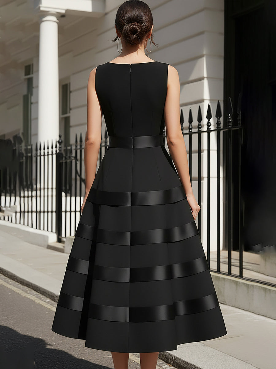 American Mart Black Sleeveless Stripe Panel A-Line Midi Dress