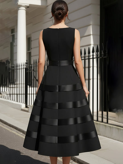 American Mart Black Sleeveless Stripe Panel A-Line Midi Dress