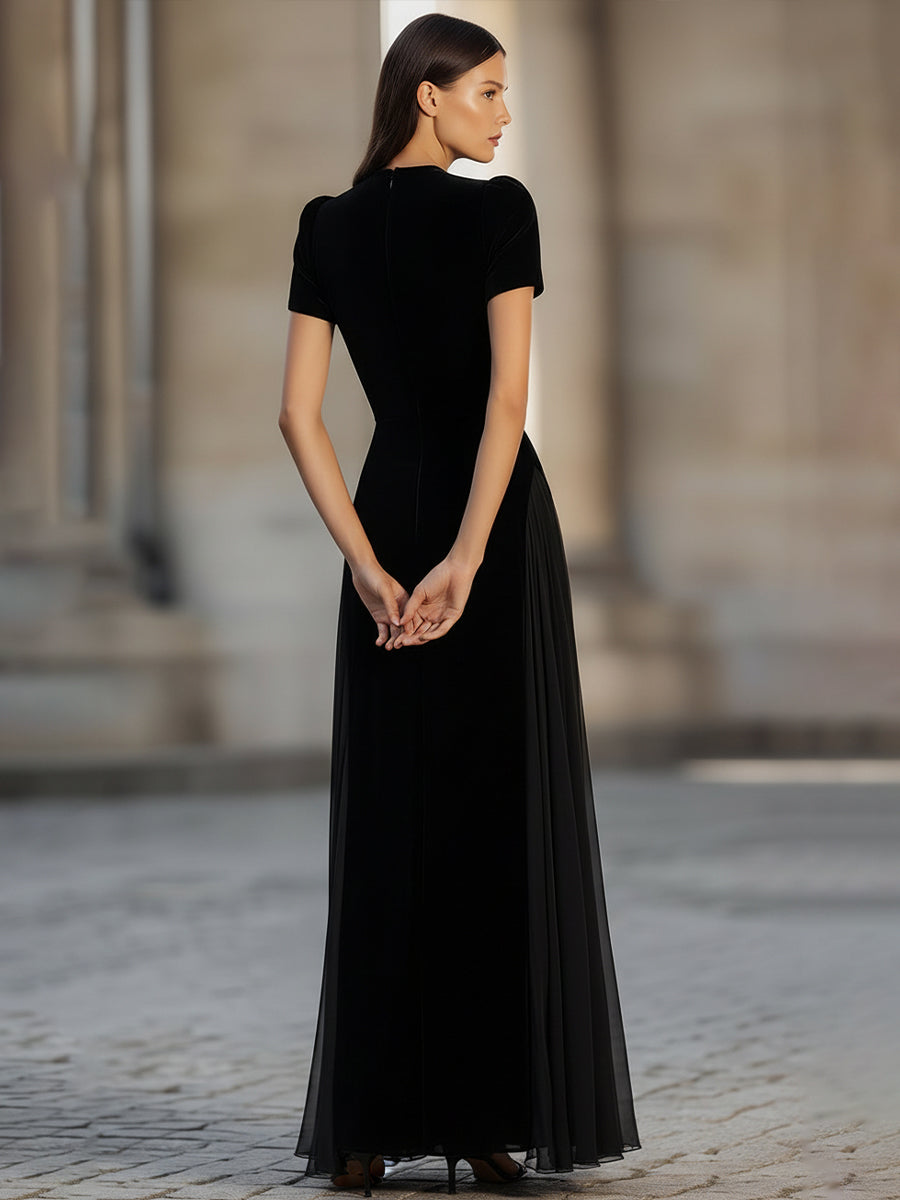 American Mart Black Velvet Short Sleeve Sheer Skirt Maxi Dress