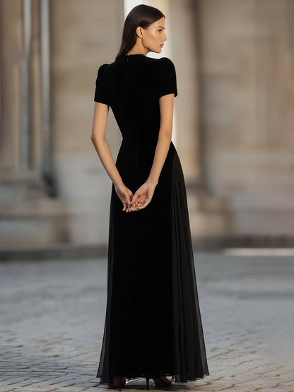 American Mart Black Velvet Short Sleeve Sheer Skirt Maxi Dress