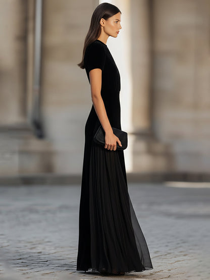 American Mart Black Velvet Short Sleeve Sheer Skirt Maxi Dress