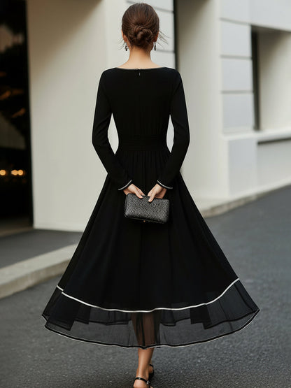 American Mart Black Long Sleeve Contrast Trim Flared Midi Dress