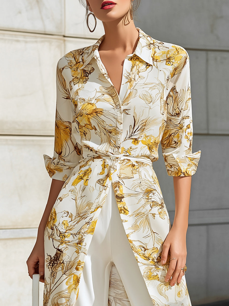 American Mart Yellow Floral Chiffon Maxi Shirt Belted Dress