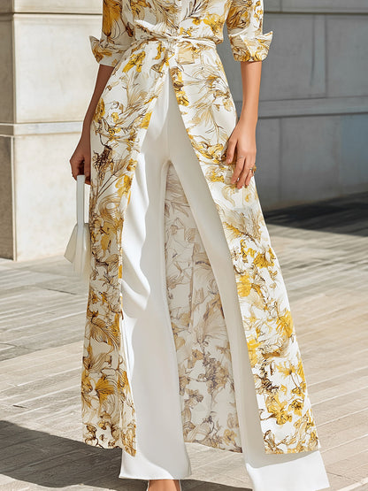 American Mart Yellow Floral Chiffon Maxi Shirt Belted Dress