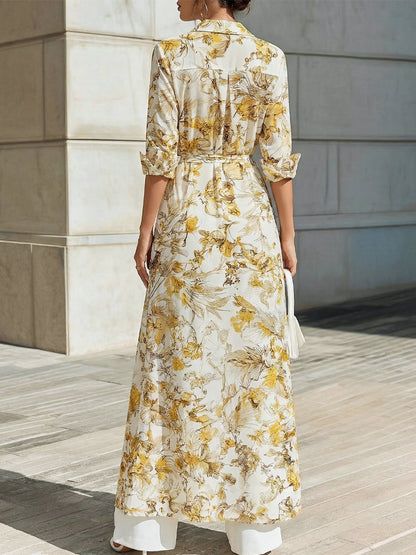 American Mart Yellow Floral Chiffon Maxi Shirt Belted Dress