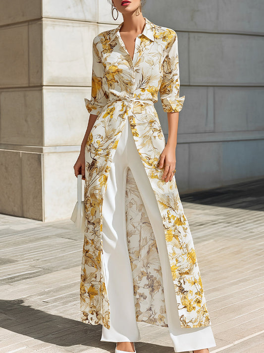 American Mart Yellow Floral Chiffon Maxi Shirt Belted Dress