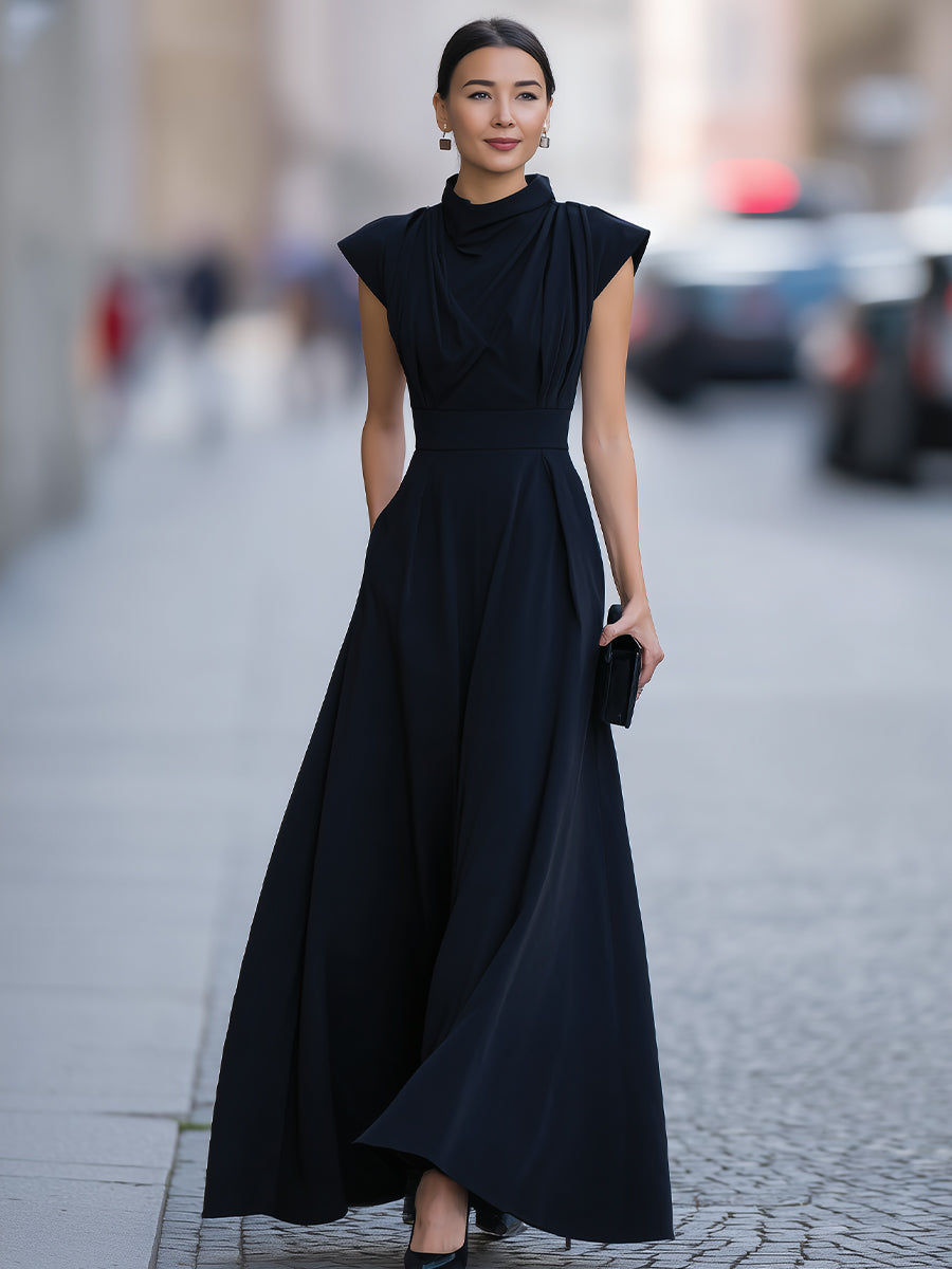 American Mart Navy Blue Cap Sleeve Draped Neck Flared Maxi Dress