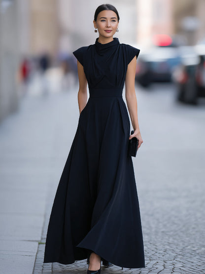 American Mart Navy Blue Cap Sleeve Draped Neck Flared Maxi Dress