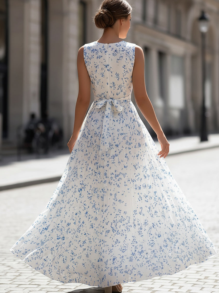 American Mart White Blue Ditsy Floral Sleeveless Pleated Maxi Dress