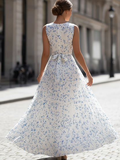 American Mart White Blue Ditsy Floral Sleeveless Pleated Maxi Dress