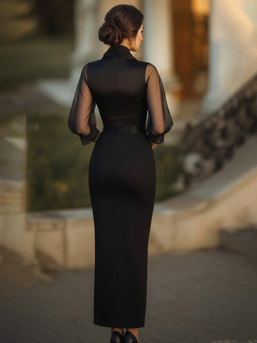 American Mart Black Sheer Mesh Sleeve V-Neck Tie Waist Maxi Dress