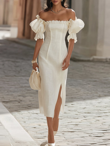 American Mart Cream Linen Off Shoulder Puff Sleeve Slit Midi Dress