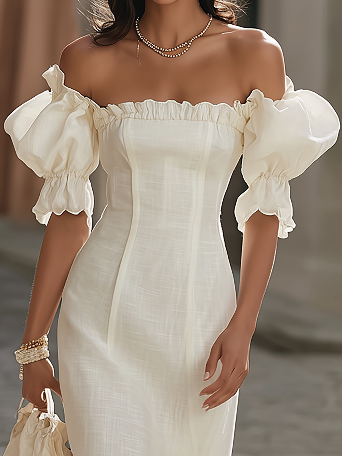 American Mart Cream Linen Off Shoulder Puff Sleeve Slit Midi Dress