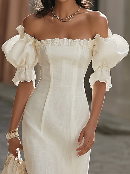 American Mart Cream Linen Off Shoulder Puff Sleeve Slit Midi Dress