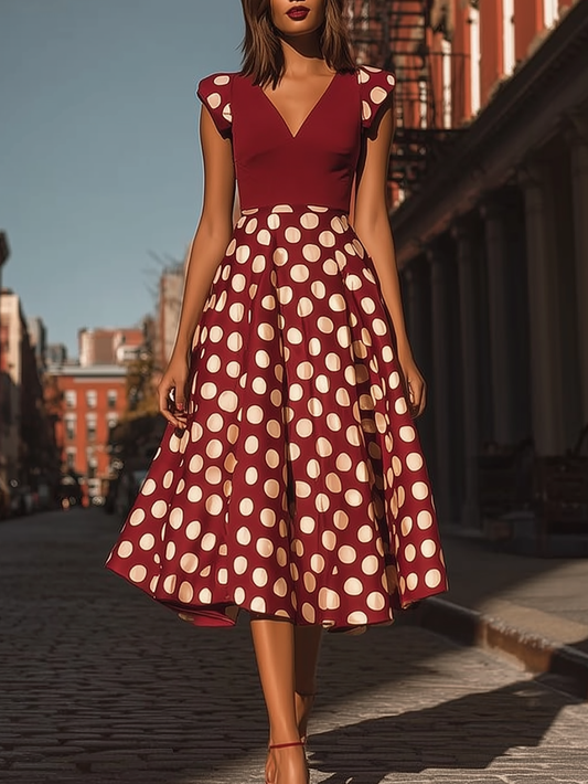 American Mart Wine Red Polka Dot Cap Sleeve A-Line Midi Dress