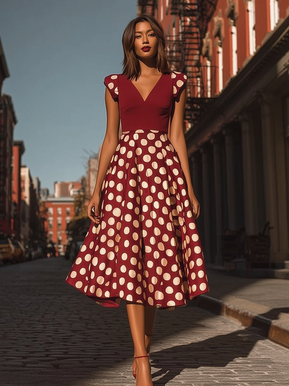 American Mart Wine Red Polka Dot Cap Sleeve A-Line Midi Dress