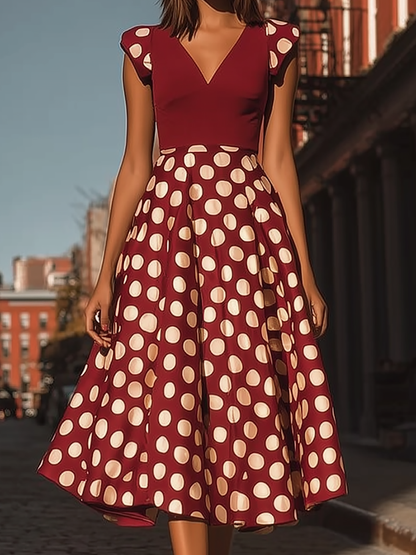 American Mart Wine Red Polka Dot Cap Sleeve A-Line Midi Dress