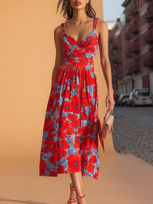 American Mart Red Blue Floral Strap Ruched Waist Midi Dress