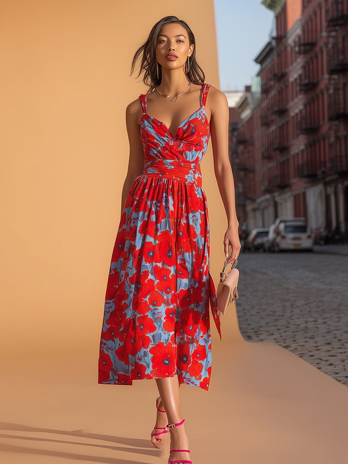 American Mart Red Blue Floral Strap Ruched Waist Midi Dress