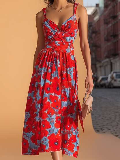 American Mart Red Blue Floral Strap Ruched Waist Midi Dress
