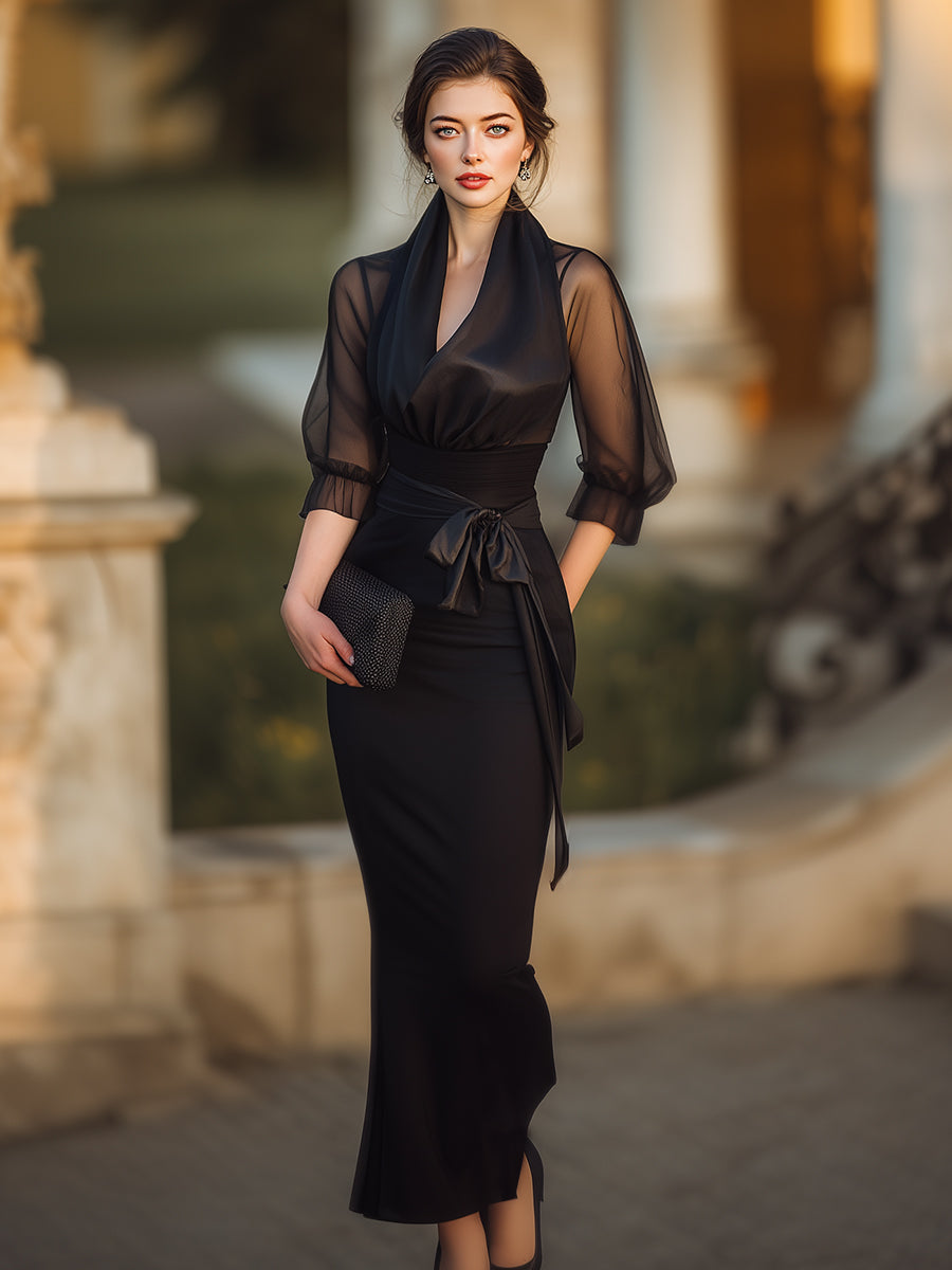 American Mart Black Sheer Mesh Sleeve V-Neck Tie Waist Maxi Dress