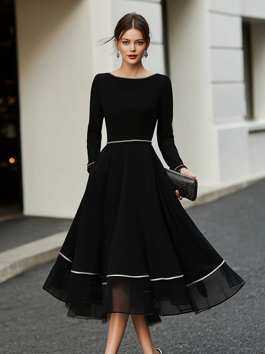 American Mart Black Long Sleeve Contrast Trim Flared Midi Dress