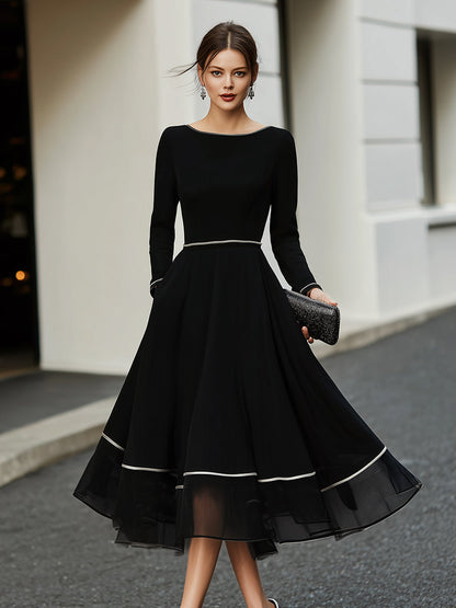 American Mart Black Long Sleeve Contrast Trim Flared Midi Dress