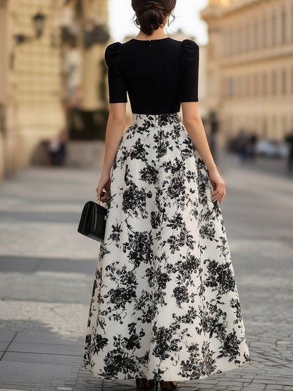 American Mart Black Top Floral Skirt Puff Sleeve Maxi Dress
