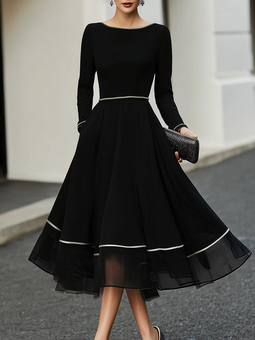 American Mart Black Long Sleeve Contrast Trim Flared Midi Dress
