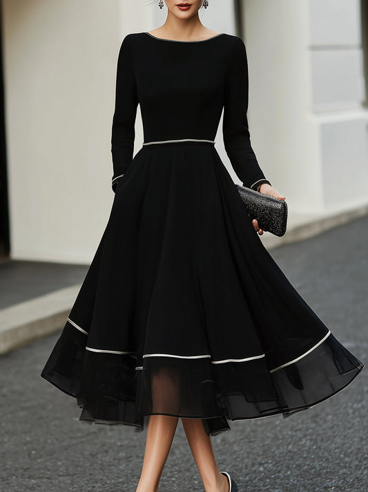 American Mart Black Long Sleeve Contrast Trim Flared Midi Dress