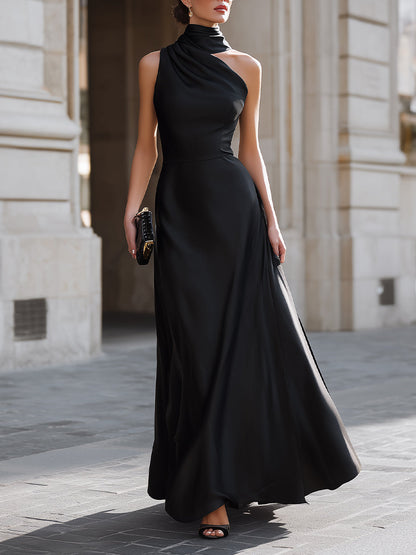 American Mart Black Draped High Neck One Shoulder Maxi Dress