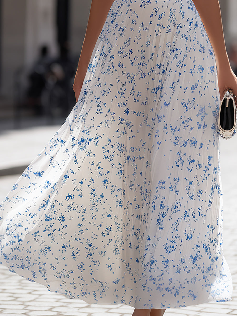 American Mart White Blue Ditsy Floral Sleeveless Pleated Maxi Dress