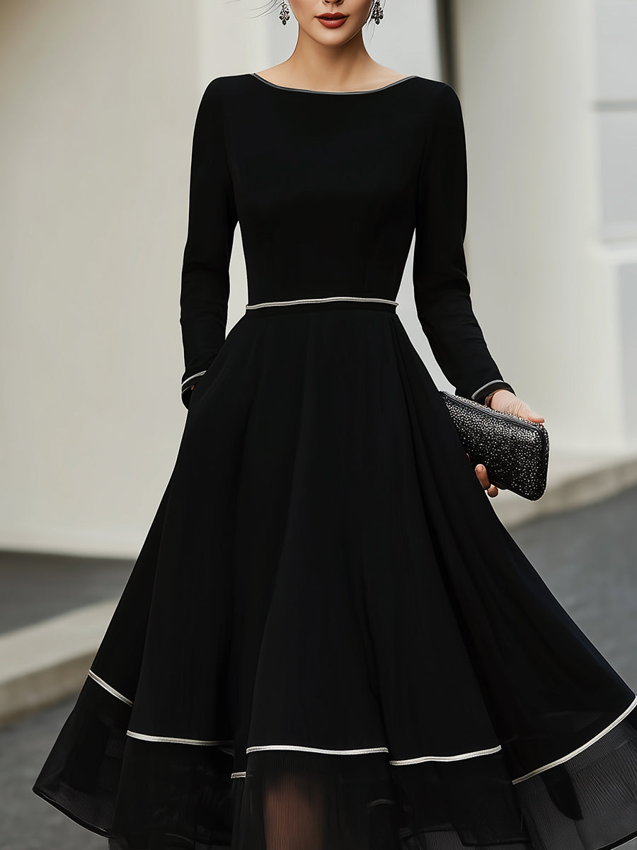 American Mart Black Long Sleeve Contrast Trim Flared Midi Dress