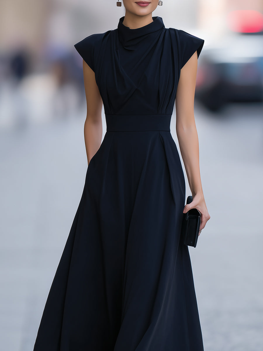American Mart Navy Blue Cap Sleeve Draped Neck Flared Maxi Dress
