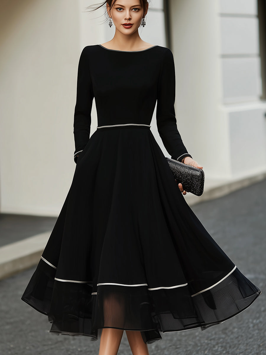 American Mart Black Long Sleeve Contrast Trim Flared Midi Dress
