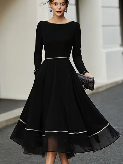 American Mart Black Long Sleeve Contrast Trim Flared Midi Dress
