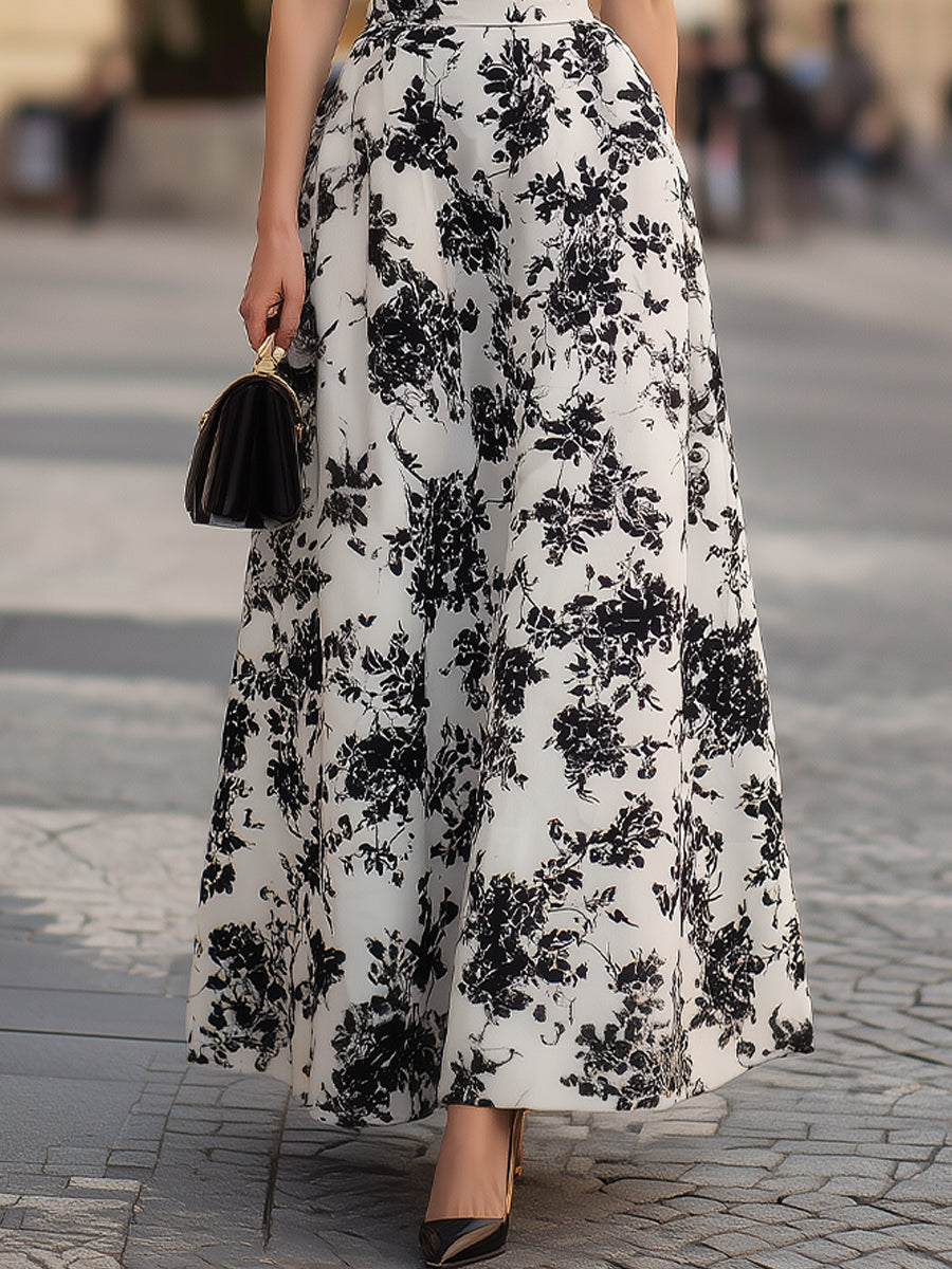 American Mart Black Top Floral Skirt Puff Sleeve Maxi Dress
