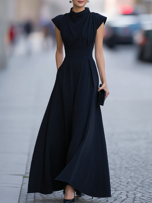American Mart Navy Blue Cap Sleeve Draped Neck Flared Maxi Dress