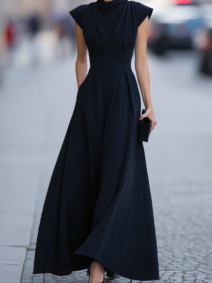 American Mart Navy Blue Cap Sleeve Draped Neck Flared Maxi Dress