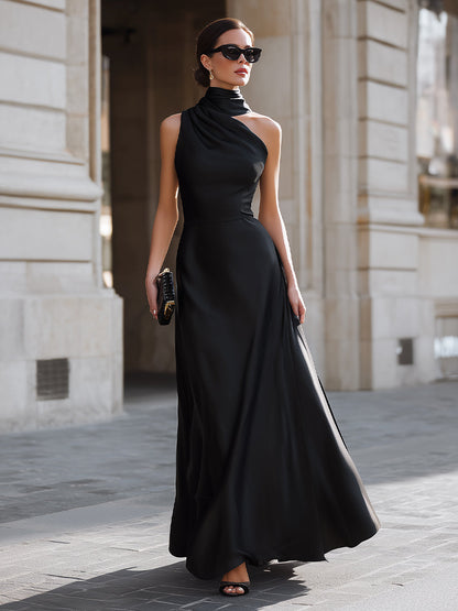 American Mart Black Draped High Neck One Shoulder Maxi Dress