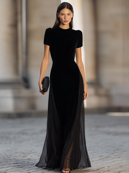 American Mart Black Velvet Short Sleeve Sheer Skirt Maxi Dress